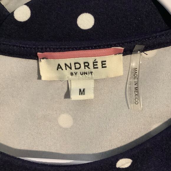 Andree by Unit Navy White Polka Dot Blouse Top Scalloped Medium - Picture 8 of 9